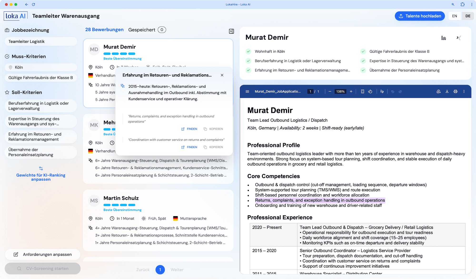 LokaHire CV evidence view for SAP SuccessFactors recruiting