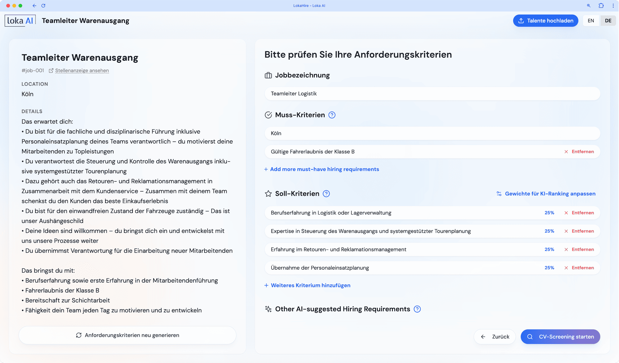 LokaHire hiring requirements setup for SAP SuccessFactors